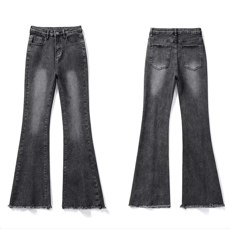 2025 رائجة البيع الإناث عالية الخصر سليم صالح رقيقة الجينز سيدة الصلبة جرس أسفل السراويل الفتيات شيك موضة ممزق سراويل جينز #6