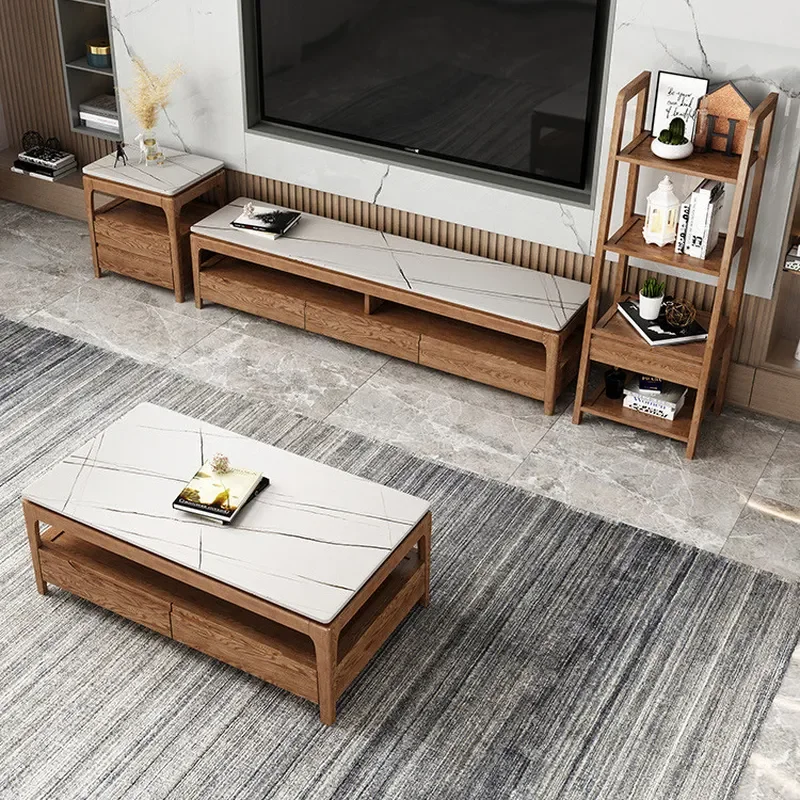 Nordic Marble Rock Slab Coffee Table Modern Simple Solid Wood Small Household Living Room TV Cabinet Combination Furniture