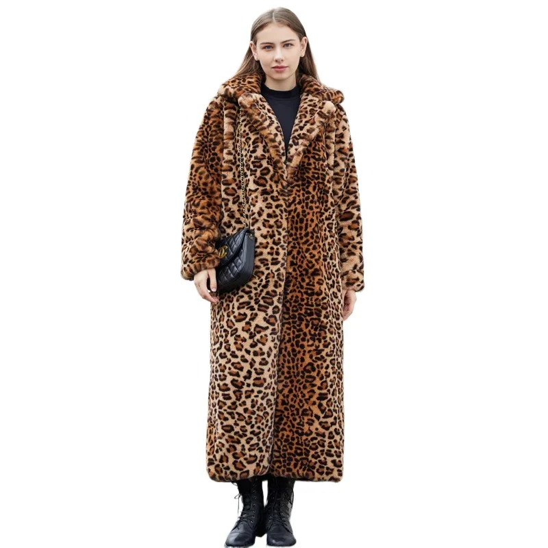 

Leopard Winter Women Long Faux Fur Coat Lapel Fluffy Coats Stylish Plus Size Plush Jackets Long Sleeves Loose Outerwears 2024