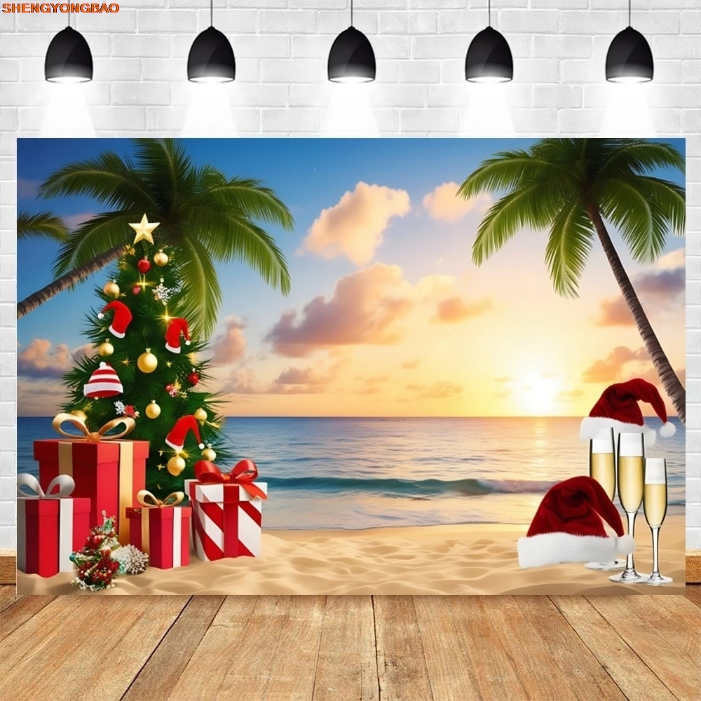 الصيف عيد الميلاد خلفية شاطئ البحر شجرة جوز الهند ثلج شجرة عيد الميلاد هدايا الطفل الاطفال صورة خلفية التصوير الفوتوغرافي