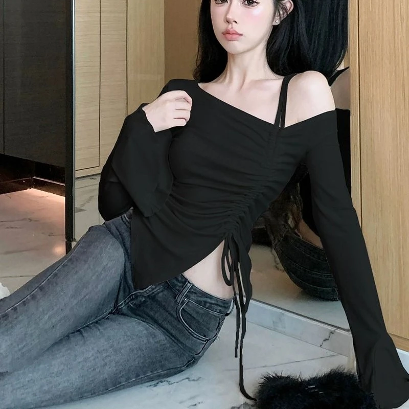 Tees ฤดูใบไม้ผลิฤดูใบไม้ร่วงผ้าฝ้าย Flare แขนเสื้อ T ผู้หญิง Bodycone Basic เสื้อแขนยาว Crop Tops Casual Shirring Off-ไหล่