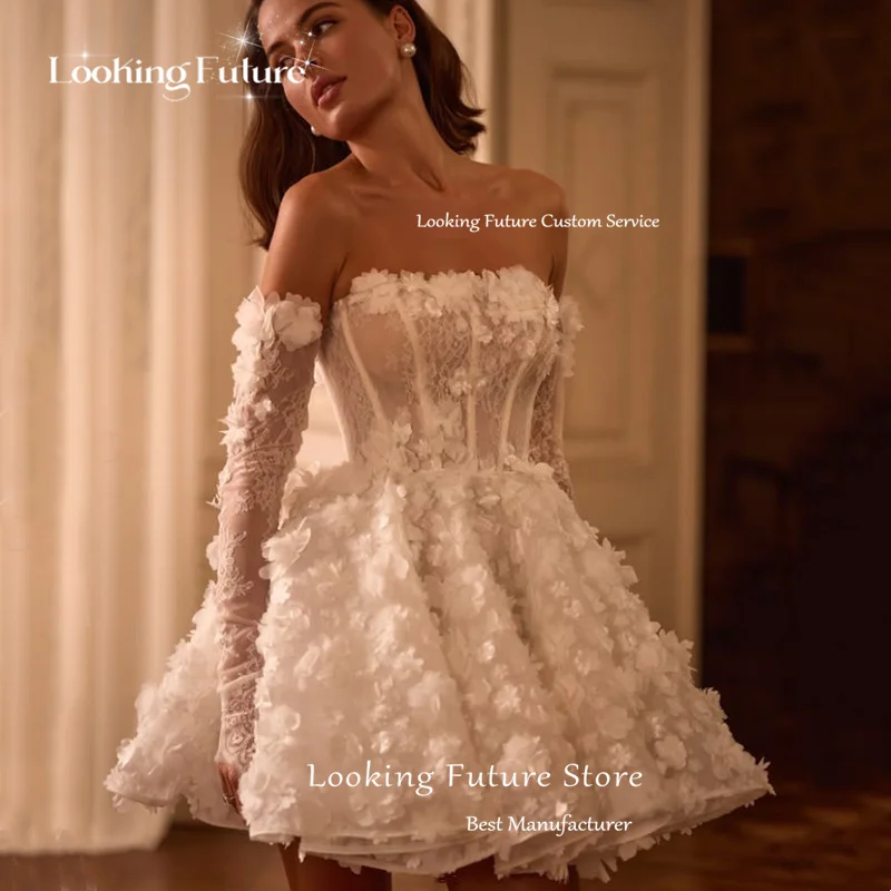 Luxury Lace Appliques Mini Wedding Dress Pleated 3D Flowers Strapless Bride Dresses Sexy Open Back Short Ball Gowns Customized image 3