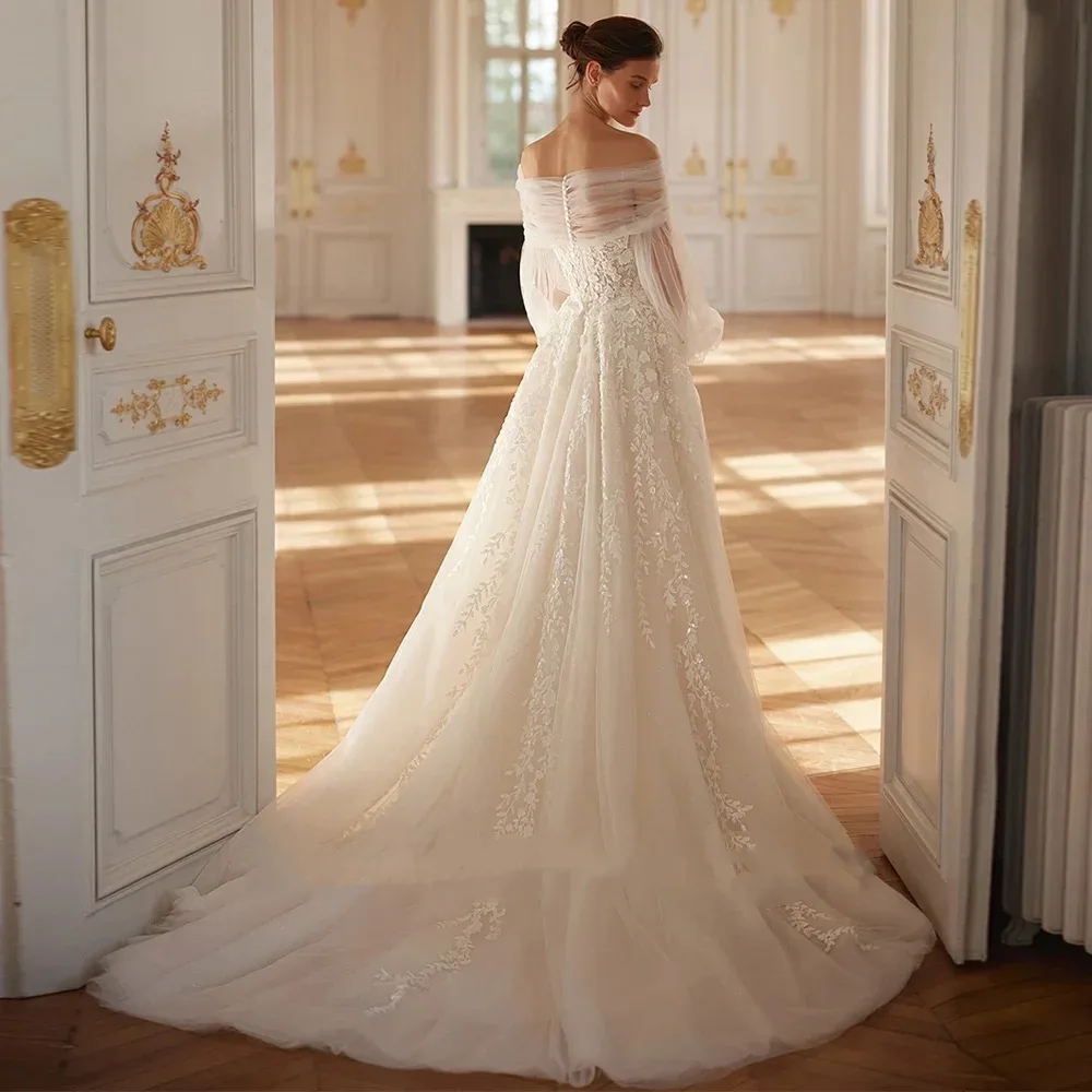 

Sweet And Shiny Decal Wedding Dress Without Shoulder Customized Straps Detachable Fluffy Sleeves A-line Sheer Bridal Gown robe