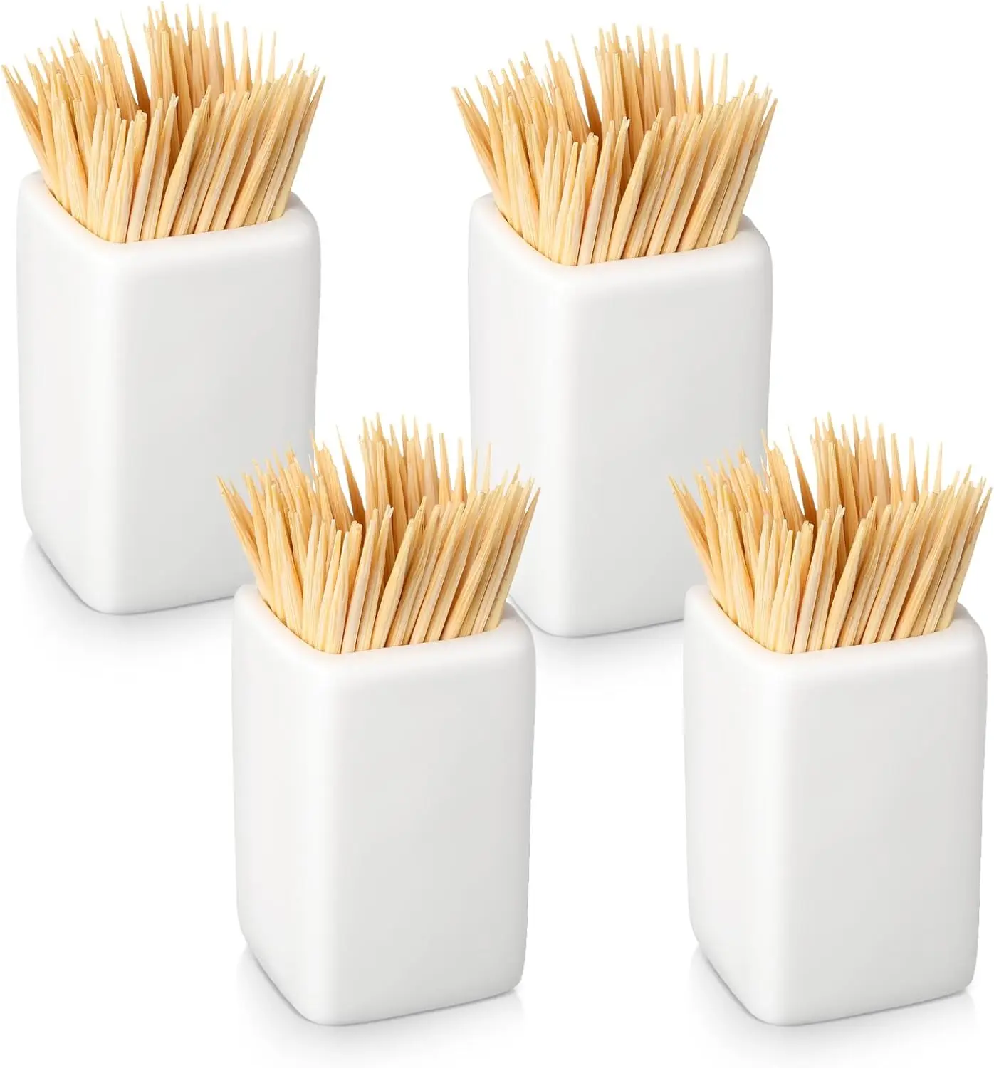 

4-Piece White Ceramic Toothpick Holder Set for Kitchen, Dining & Parties - Easy Clean Square Dispenser