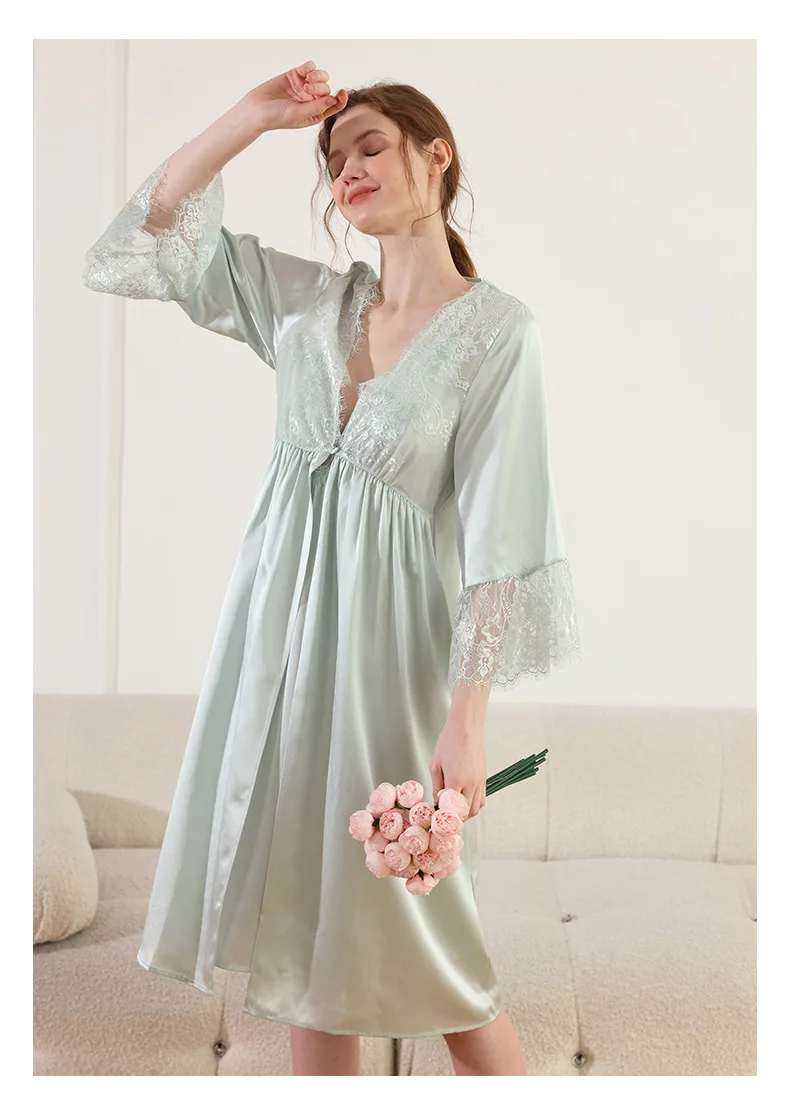 Sexy 19MM Silk Robes Night Dress 2pcs Set Champagne Pyjama Pour Femme Romantic Lingeries 100% Pure Silk Lace Women Nightgown