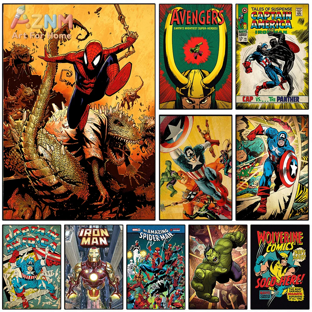 AZNM Splash‑Ink Marvel Superhero Canvas Wall Art Frameless Print Black‑Panther Black‑Widow Spider‑Man Thor War‑Machine Hero Ac