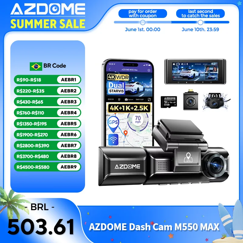 Câmera Veicular AZDOME 4K 3 Canais M550 Max com WiFi, GPS, Gravação Frontal e Interna, DVR Automotivo com Visão Noturna IR e Modo de Estacionamento