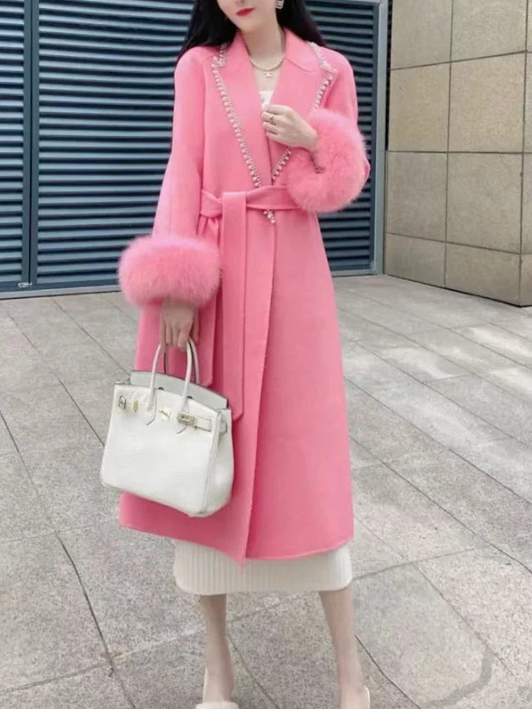 Winter New Heavy Faux Fur Sleeve Rhinestone Pearl Sweet Pink Wool Coat Women High-End Double-Sided Cashmere Coat Overcoat