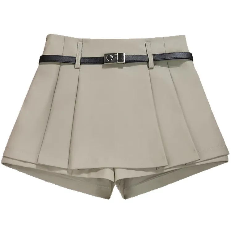 With Belt Design Sense Pleated Skirt Women's High Waist Anti-light Shorts Skirt