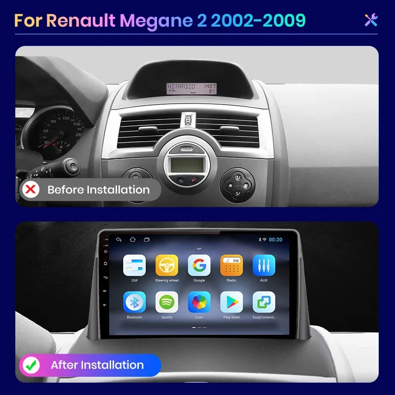 For Renault Megane 2 2002 - 2009 Wireless CarPlay for Apple Android Auto Car Radio GPS IPS RDS FM WiFi BT 4G Multimedia Stereo