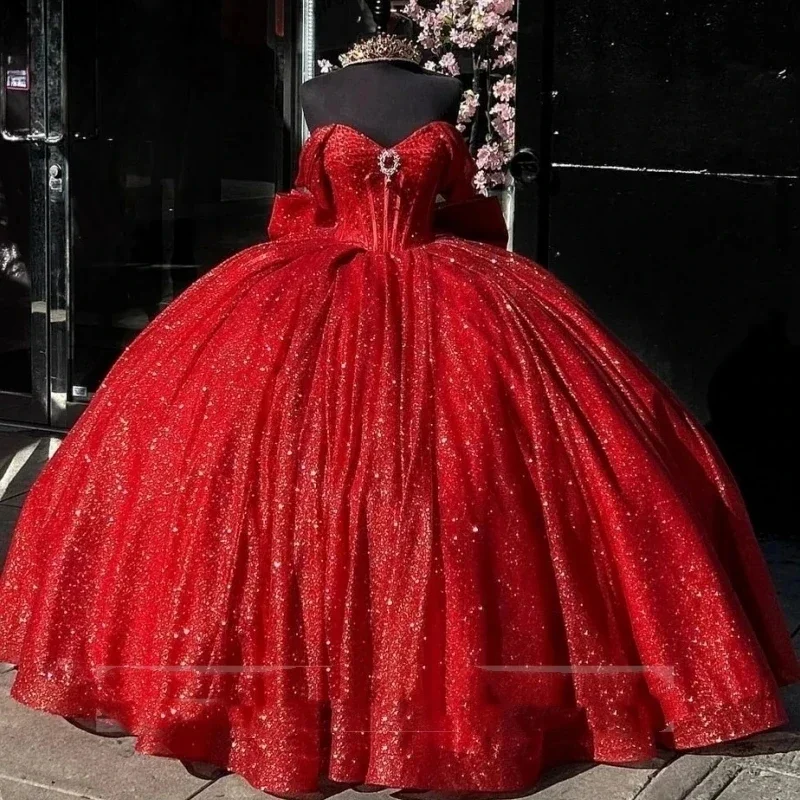 Brilhante mangas compridas princesa quinceanera vestidos com arco fora do ombro cristais vestidos de 15 anos festa de aniversário vestido de baile