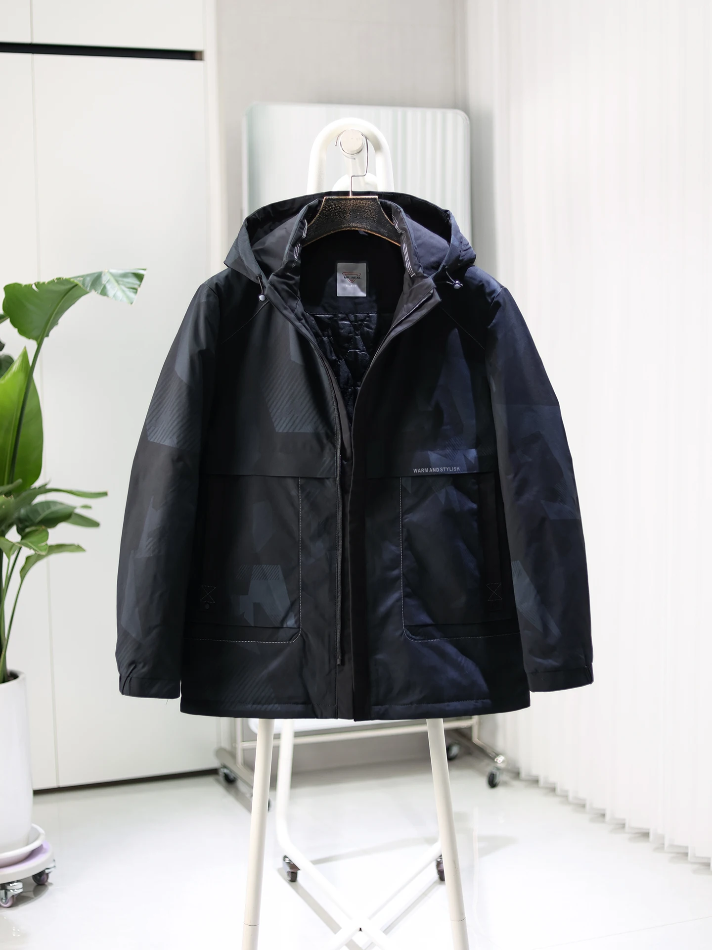 

Warm Detachable Hooded Cotton Jaet for Men Faionable Urban Sle Thiened Long Sve Geometric Patterned Polyester