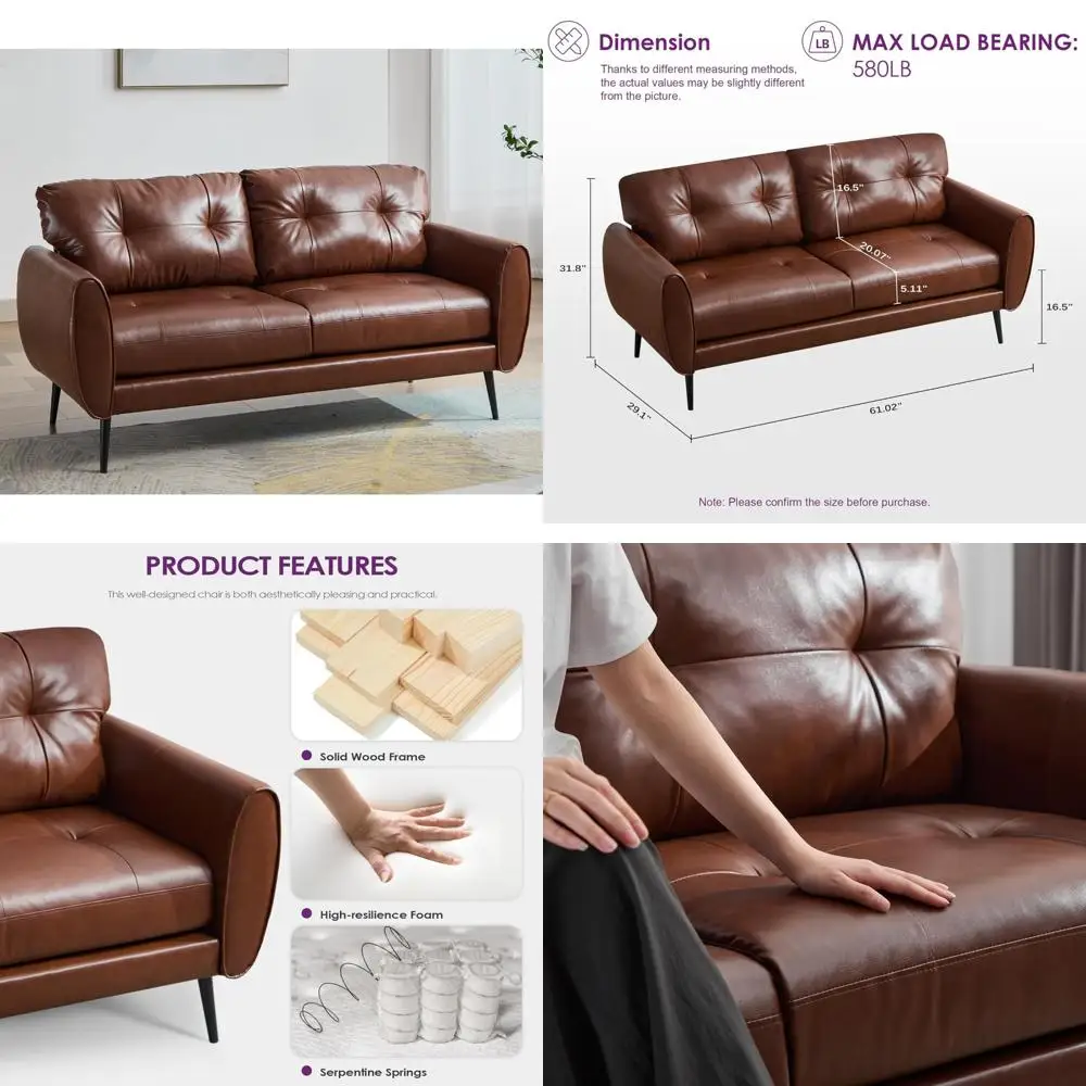 Mid Century Modern Brown Leather Small Loveseat, 61 Length, 28 x 60.6 x 30.7, 2 Seater, Chestnut Brown, Tufted, Comfortable
