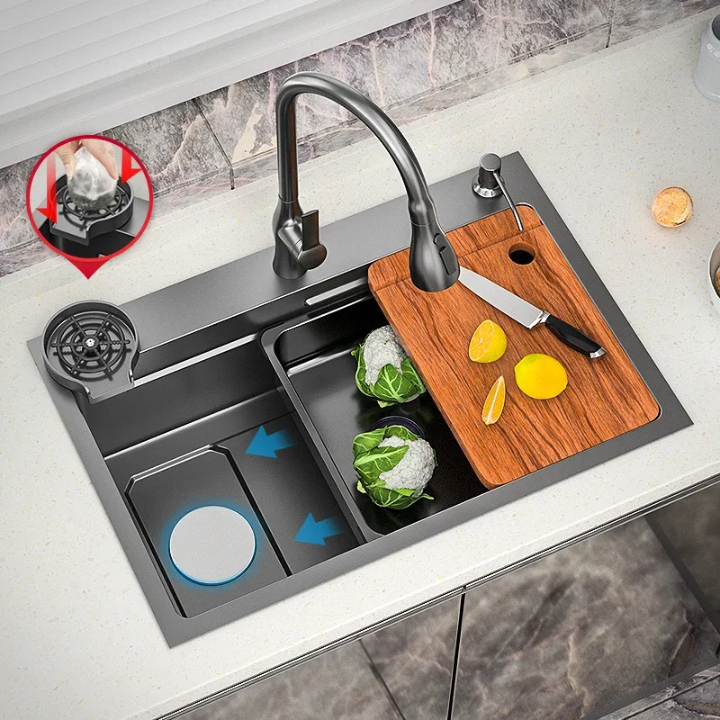 Imagem -04 - Multifunction Kitchen Sink Smart Large Single Dishwasher Washbasin Black Acessórios Aço Inoxidável