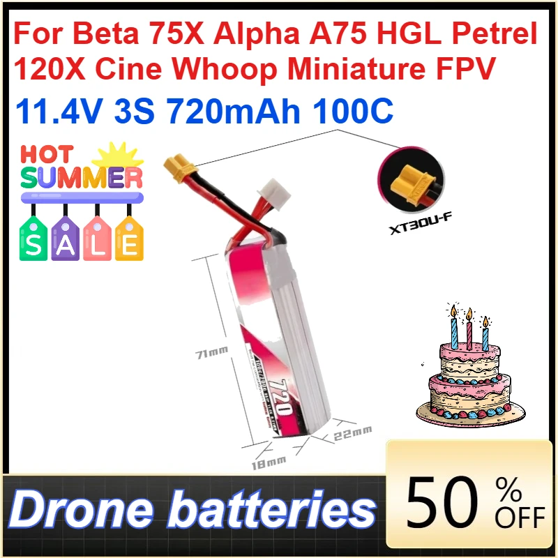 

11.4V 3S 720mAh 100C Rechargeable Li-Po Battery for Beta 75X Alpha A75 HGL Petrel 120X Cine Whoop Miniature FPV Batterys