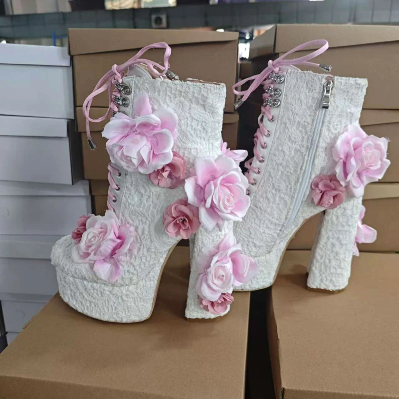 Peach Pink Rose Flower White Lace Platform Chunky High Heels Ankle Boots Beauty Flowers Women's Lace- Up Boots Lolita Shoes