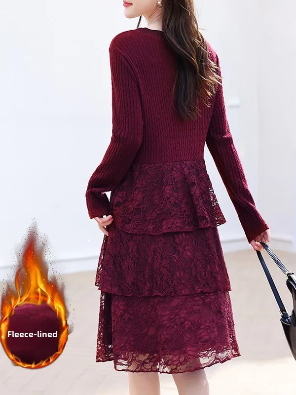 冬の新作プラスサイズニットレーススプライシングスリムケーキドレス女性用ハイウエストカジュアルスリーブ丸首ドレス