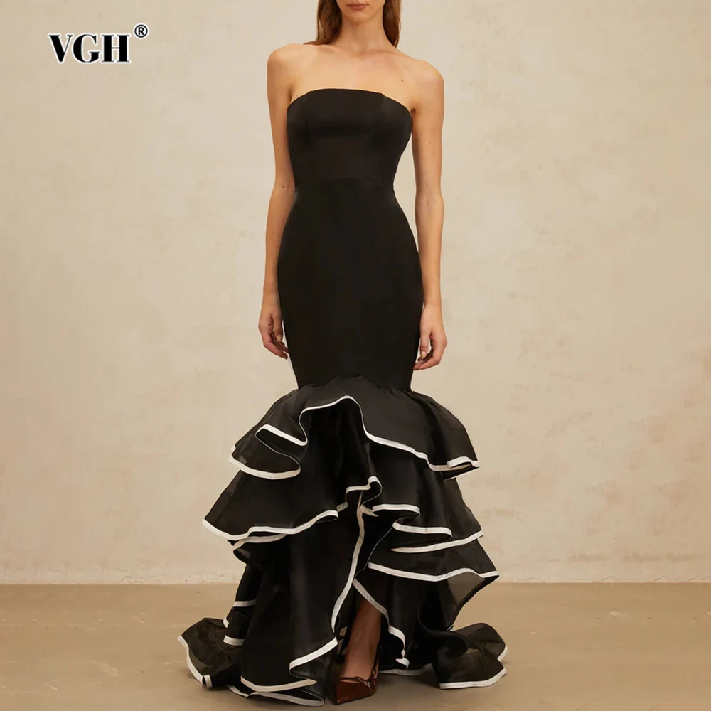 

VGH Solid Temperament Slimming Dinner Dresses For Women Strapless Sleveless High Waist Elegant Dress Female Fashion Style New