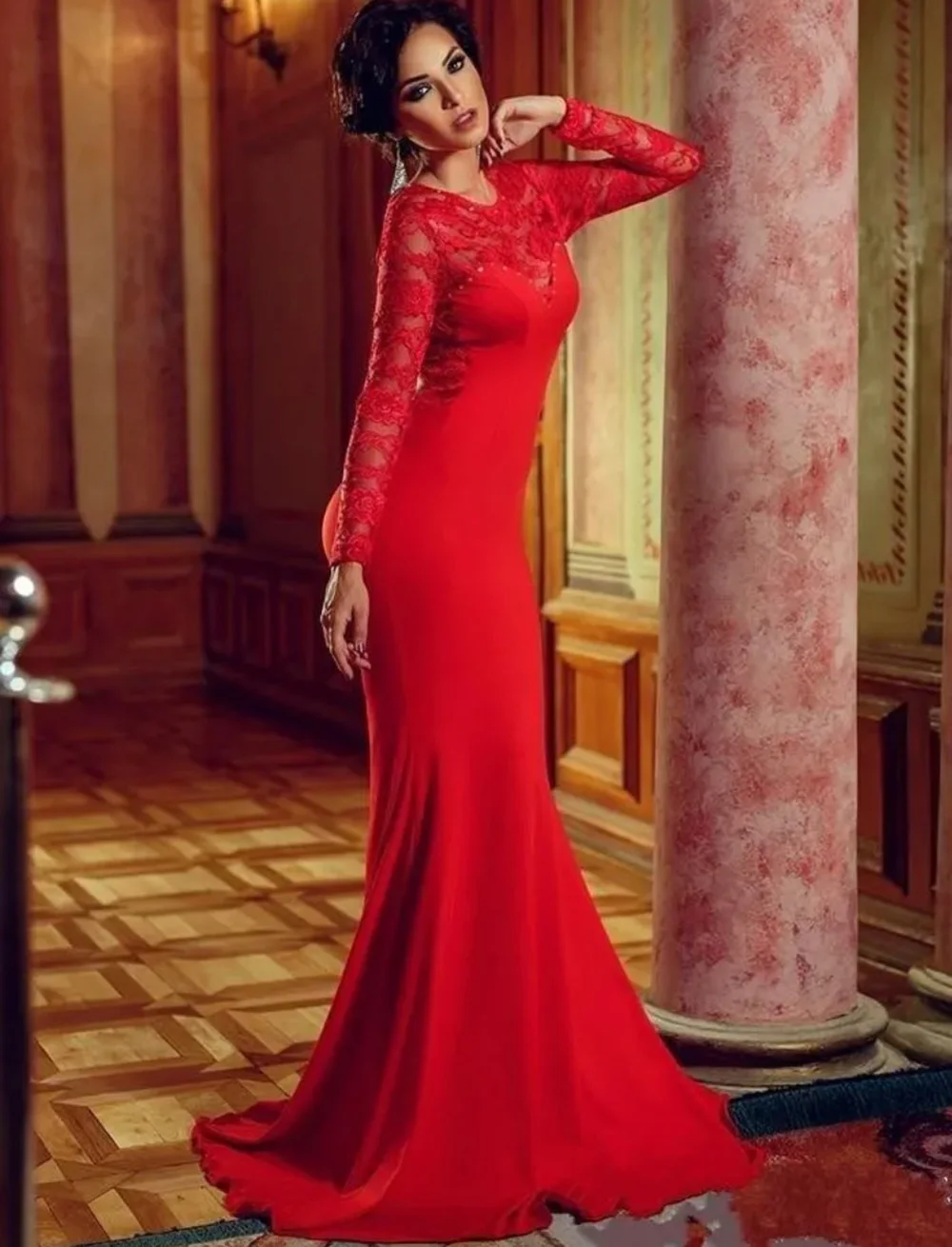 

New Red Mermaid Evening Dresses Long Sleeve Floor-Length Sweep Train Applique Lace Satin long Backless Illusion Custom