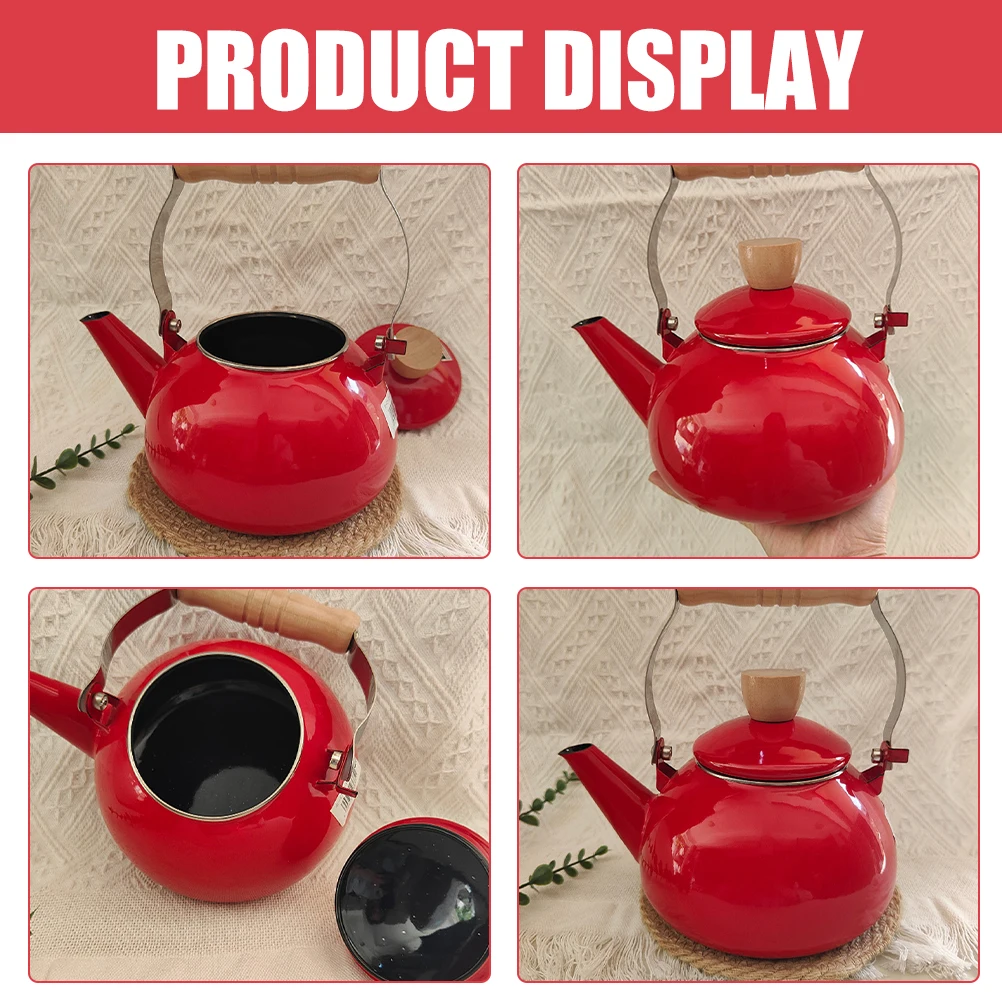 

1.5L Enamel Coated Kettle Stovetop Tea Pot Red Round Shape Wood Handle Electric Compatible Water Boiler Ceramic Coffee Teapot