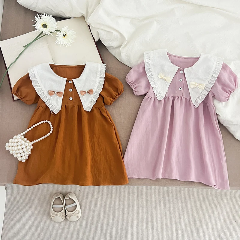 

Baby Girls Dress Summer New Kids Cute Large Lapel Korean Princess Girl Dress Short Sleeve Kids Cotton Clothes Outfit