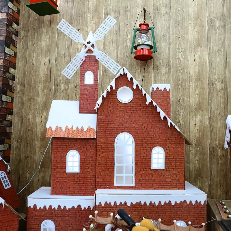 Christmas decorations, music, electric windmill, wooden house, snow house, castle, shopping mall with lights, hotel window scene