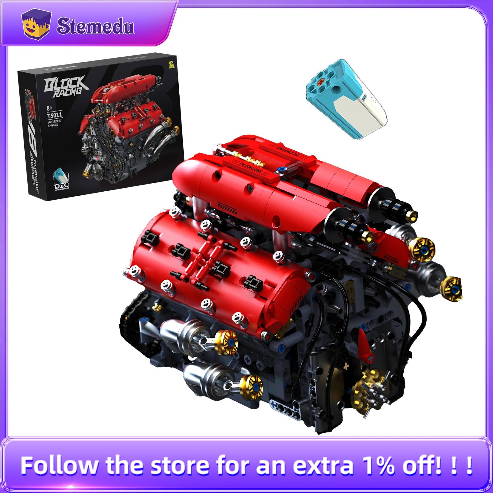 

T5011 1370pcs V8 Turbo Engine Car Model Electric Building Blocks Set for Adults Small Particle DIY Puzzly Assembly Bricks Toys