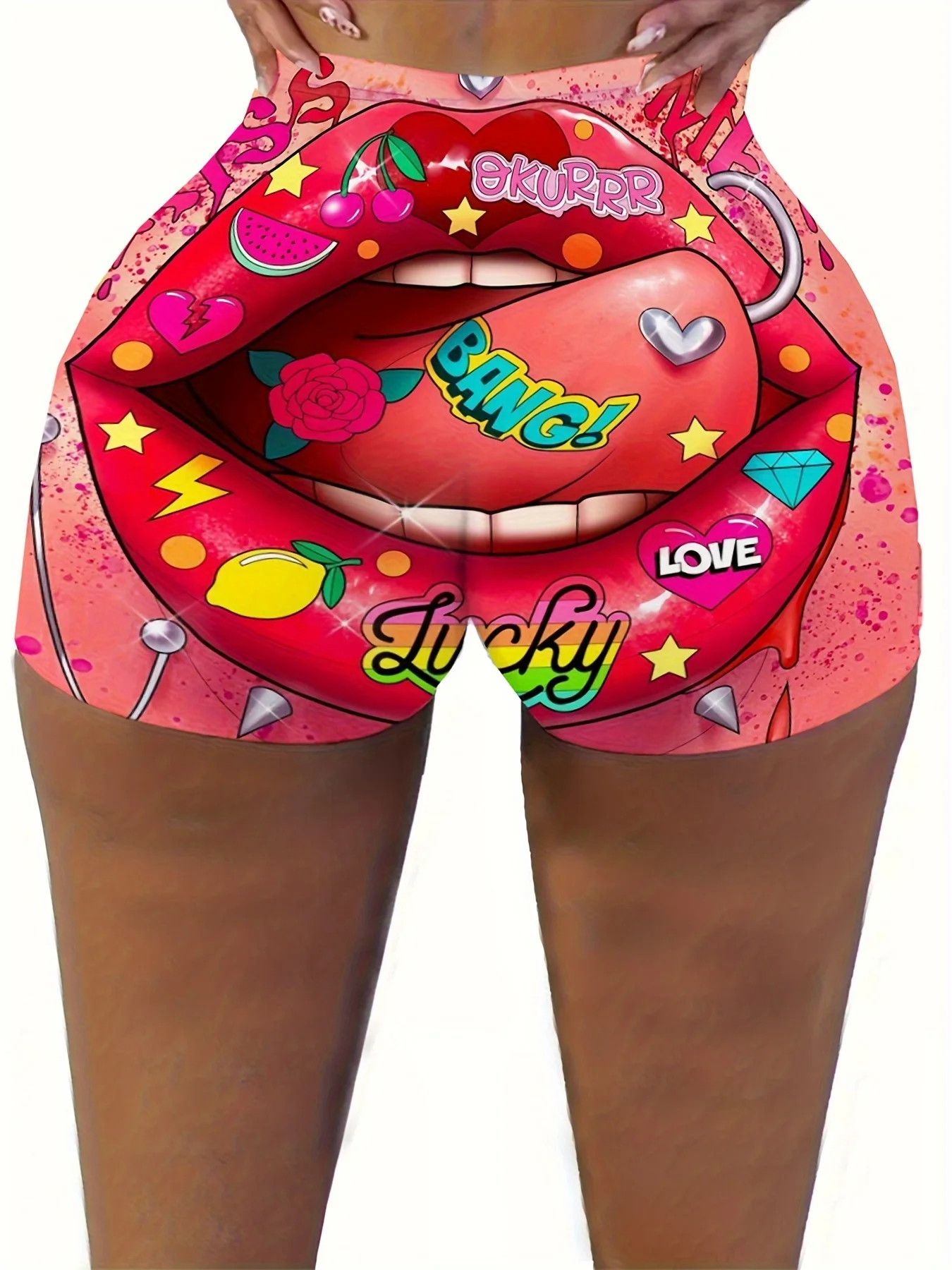 

Узкие шорты с ртом и фруктовым принтом, идеально подходящие для повседневной носки весной и летом, предназначенные для женщин.