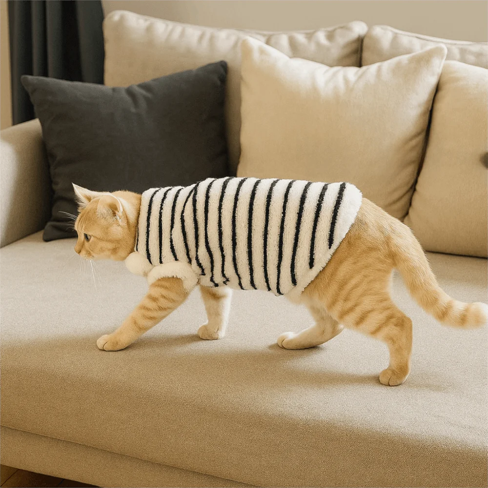 

Cute Warm Winter Pet Sweater Thickened Fleece Cat Striped Vest Windproof Soft Cat Sleeveless Coat Cold Proof
