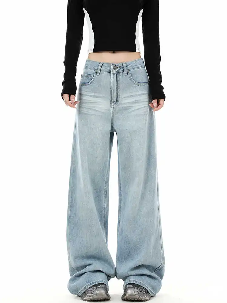 

Blue Womens Jeans High Waist Straight Baggy Denim Pants Streetwear American Fashion Gradient 2024 Female Wide Leg Denim Trouser