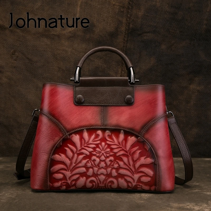 

Johnature 2024 New Women Bag Vintage Handmade Genuine Leather Embossing Handbags Cow Leather Fashion Shoulder & Crossbody Bags