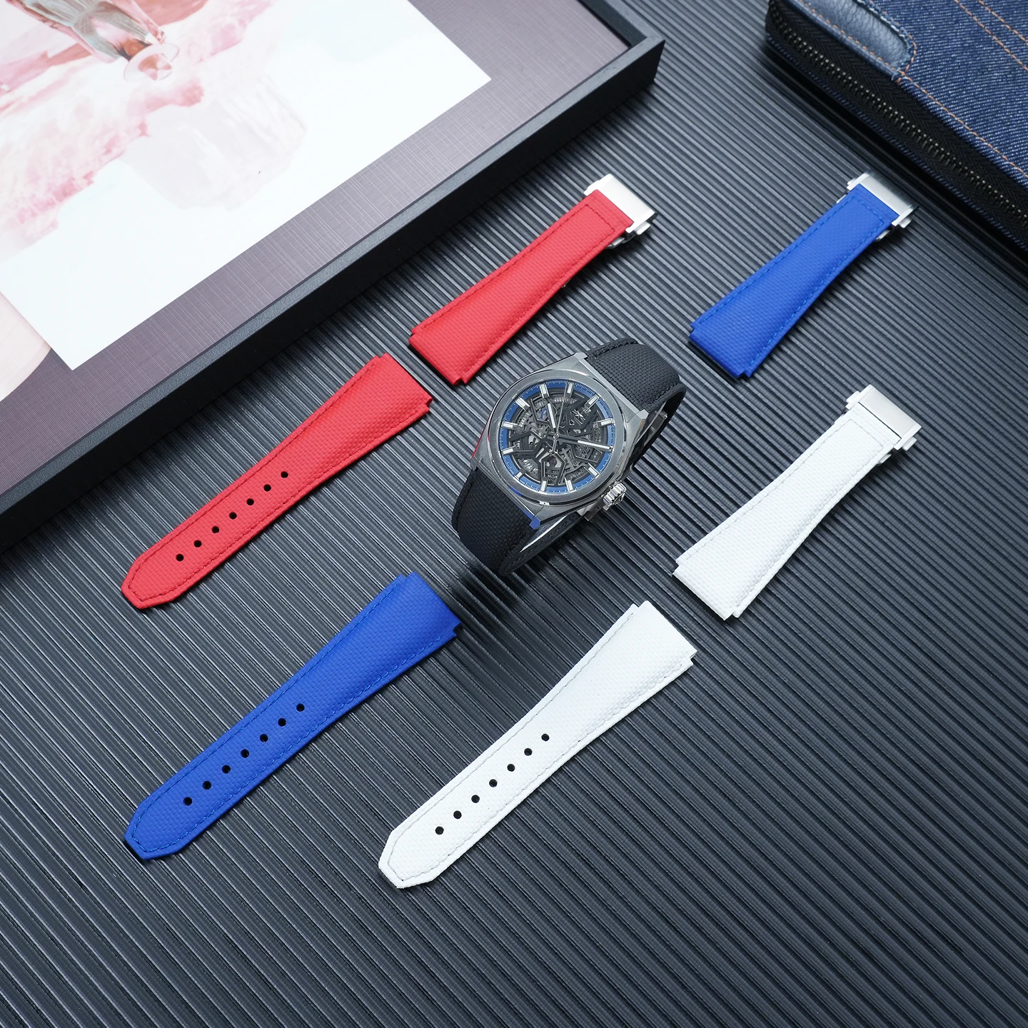 22*18mm FMK Watch Band Fluoro Rubber Surface Leather Base Wrist Strap for Zenith DEFY Series 95.9000 Watch Replacement Accessory