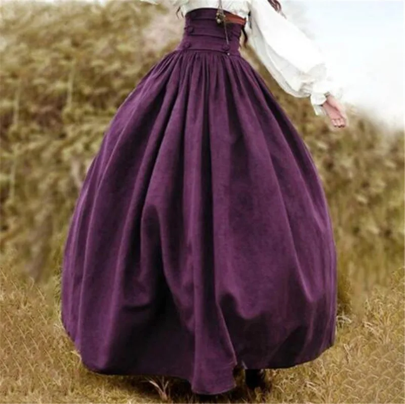 Nova mulher medieval elegante saia sólida altura da cintura idade média trajes renascentistas balanço do vintage saias plissadas na altura do joelho