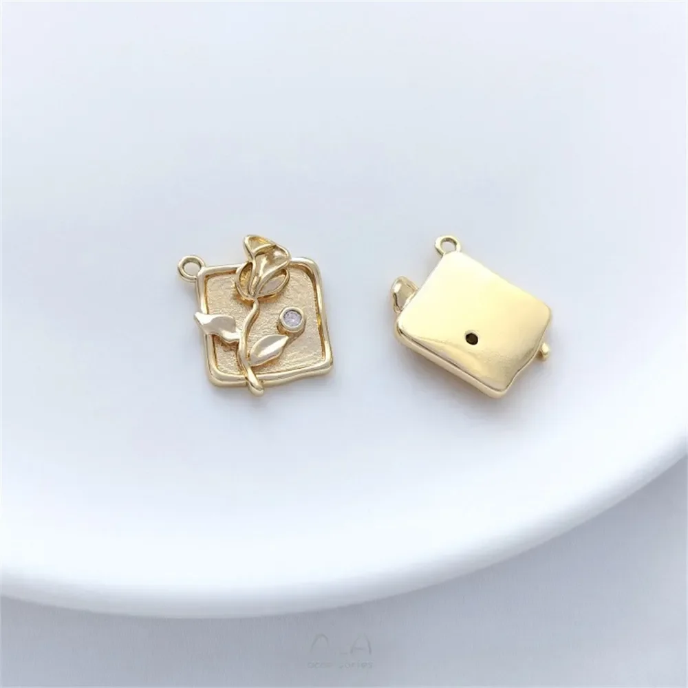 14K Gold-Color Zirconium Diamond-shaped Square Brand Rose Magnolia Flower Pendant Handmade Bracelet Necklace DIY Charms Pendant