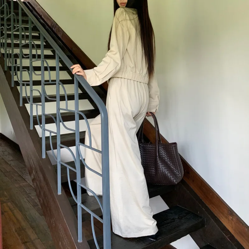 KWTX 여성용 투피스 세트 2025 봄 여름 캐주얼 레트로 V넥 긴팔 셔츠 하이웨이스트 와이드 레그 팬츠 우아하고 편안함