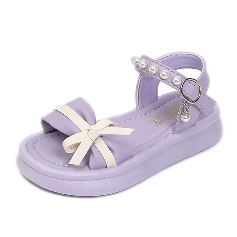 Girls Beading Sandals Princess Sweet Fashion 2024 Summer Brand New Soft Children Beach Shoes Kids Flat Sandals Bow-knot Pendant