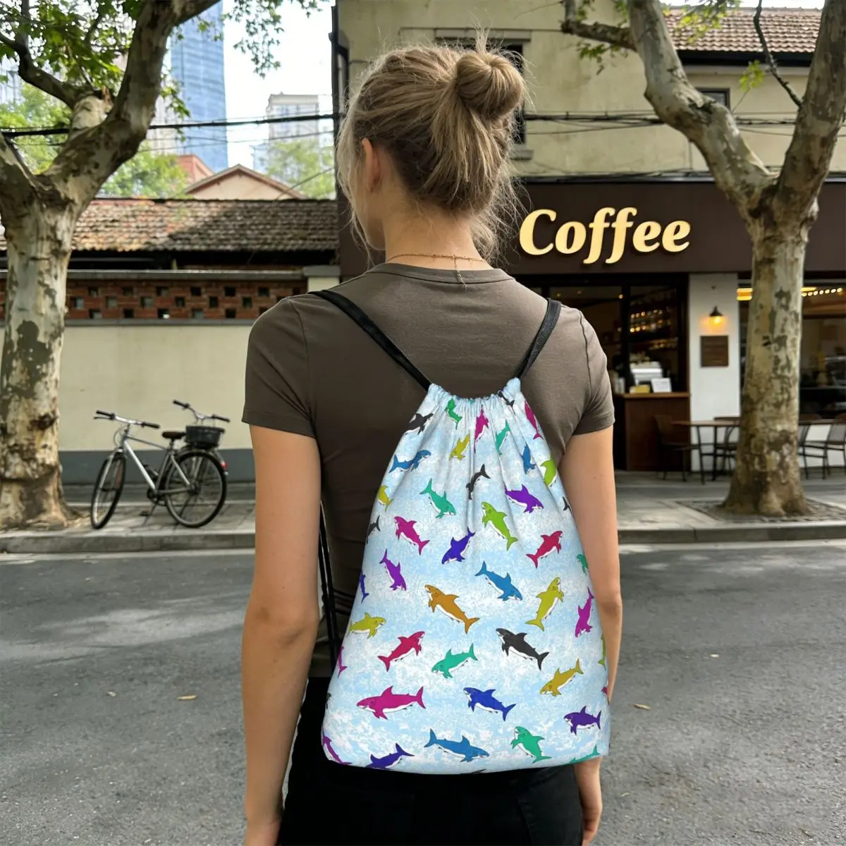 

Colorful Cartoon Shark Pattern Backpacks Fashion Drawstring Bundle Pocket Sports Bag Book Bags for Man Woman Students