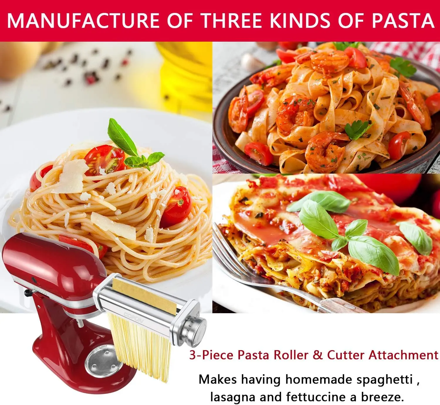 Pasta Attachment for KitchenAid Mixer, Pasta Sheet Roller, Spaghetti Fettuccine Cutter,Stainless Noodle Fit All KitchenAid Chef