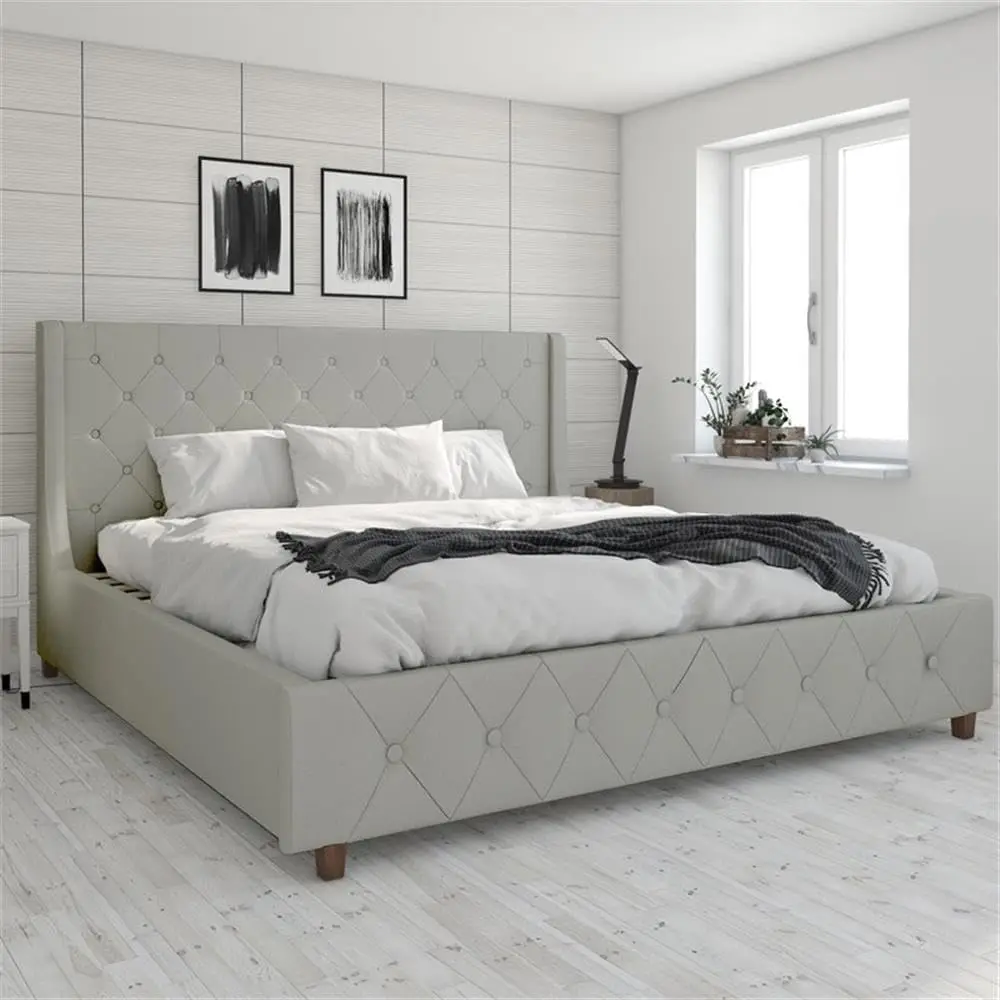 by Cosmopolitan Mercer Upholstered Platform Bed Frame, King, Light Gray Linen image 2