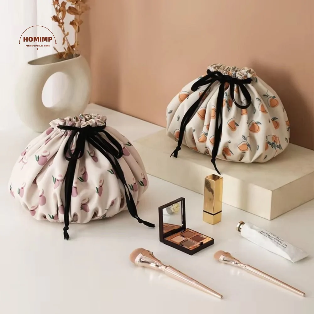 

Large Capacity Drawstring Makeup Bag Drawstring Fruit Print Travel Toiletry Pouch Large Opening Classification Inner Bag