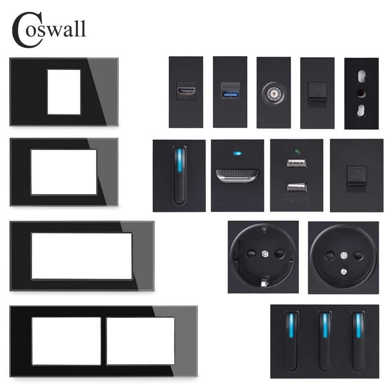 Coswall Black Tempered Glass Panel Wall Power Socket Universal EU / Italian / Chile Outlet With Children Protective Door
