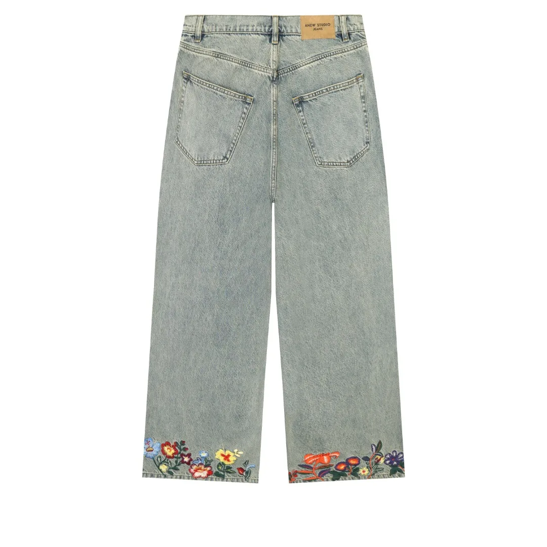 Embroidery Denim 2024 Autumn/Winter New Heavy washing color denim floral embroidery loose casual denim pants