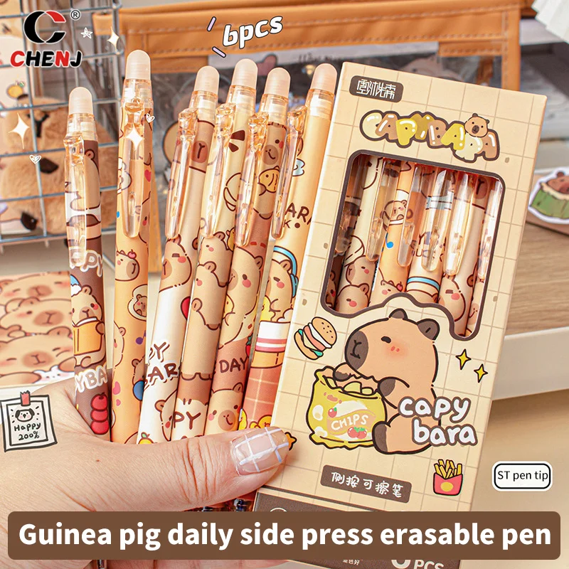 Ensemble de stylos gel Capybara portables, encre noire et bleue, séchage rapide, stylos gel à pression mignons, fournitures scolaires et de bureau, papeterie esthétique, 6 pièces