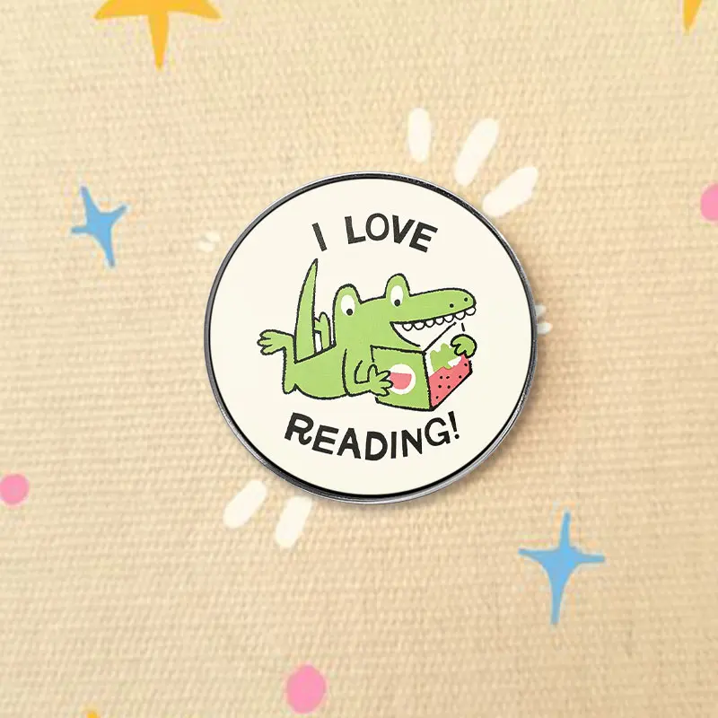 I Love Books Cute Reading Crocodile UV Printing Badge Cartoon Animal Pin  Brooch Lapel Backpack Jewelry Gift