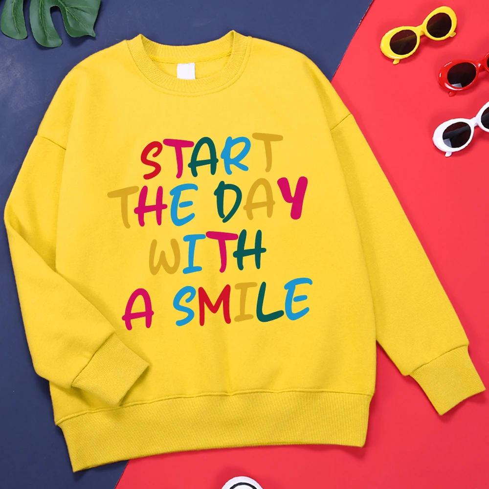 

Start The Day With A Smile Print Women Sweatshirt Casual Long Sleeve Tracksuit Fleece Warm Pullover Vintage Autumn O-Neck Tops
