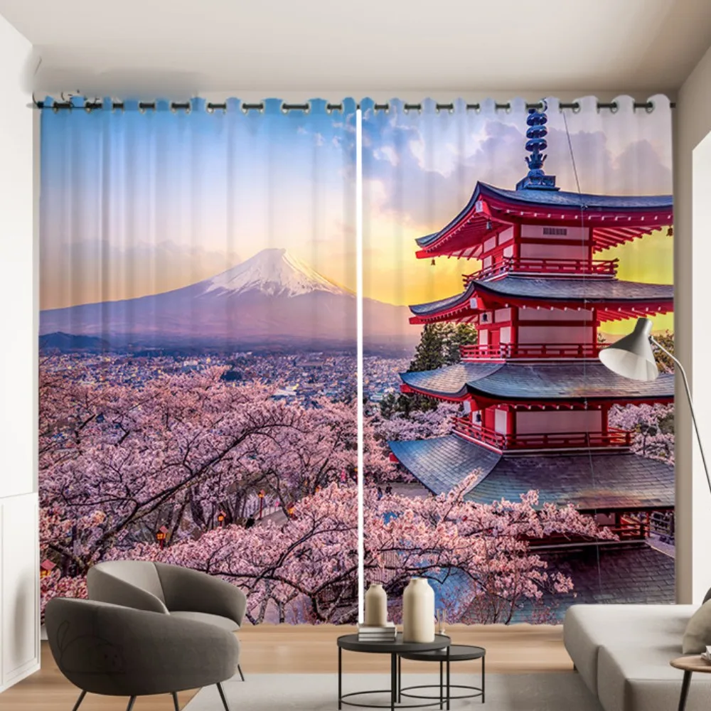 

Modern style Pink Cherry Blossom Mount Fuji Print Curtain Japanese Architecture Curtain for Bedroom Living Room Kitchen Window