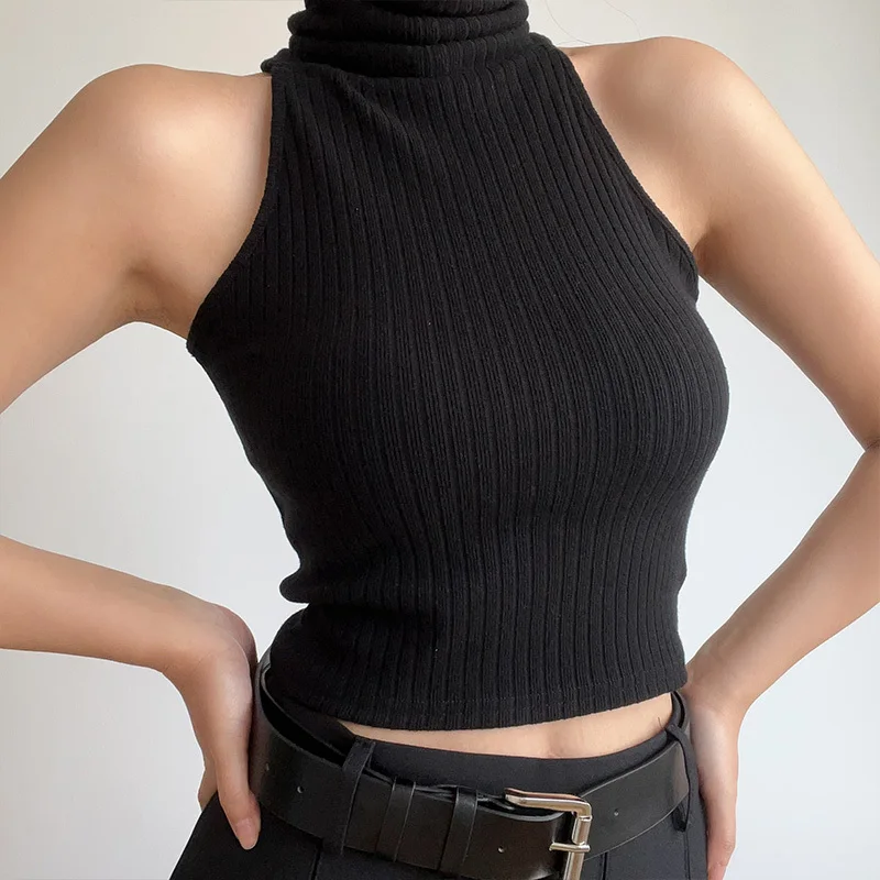 Knitting Tank Top Women Sexy Versatile Elastic Groove Strip Shoulder Cut High Waist Short Solid Color Turtleneck Vest Girl Top