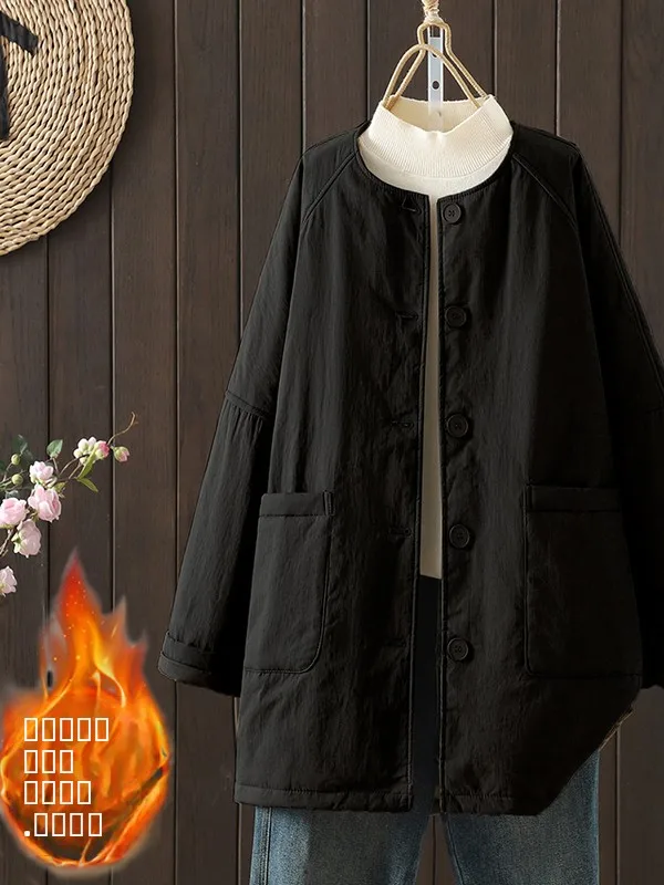 따뜻한 면 재킷 여성 플러스 사이즈 루즈 캐주얼 라운드 넥 겨울 아우터웨어 패셔너블 플러스 사이즈 여성 의류