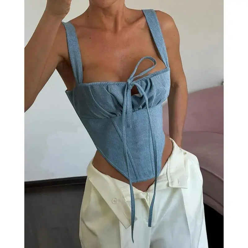 

Sleeveless Faux Denim Body Shaper Crop Tops Sexy​ Women Chic Streetwear Bustier Summer Boned Corset Tank Top Slim Lingerie Cami