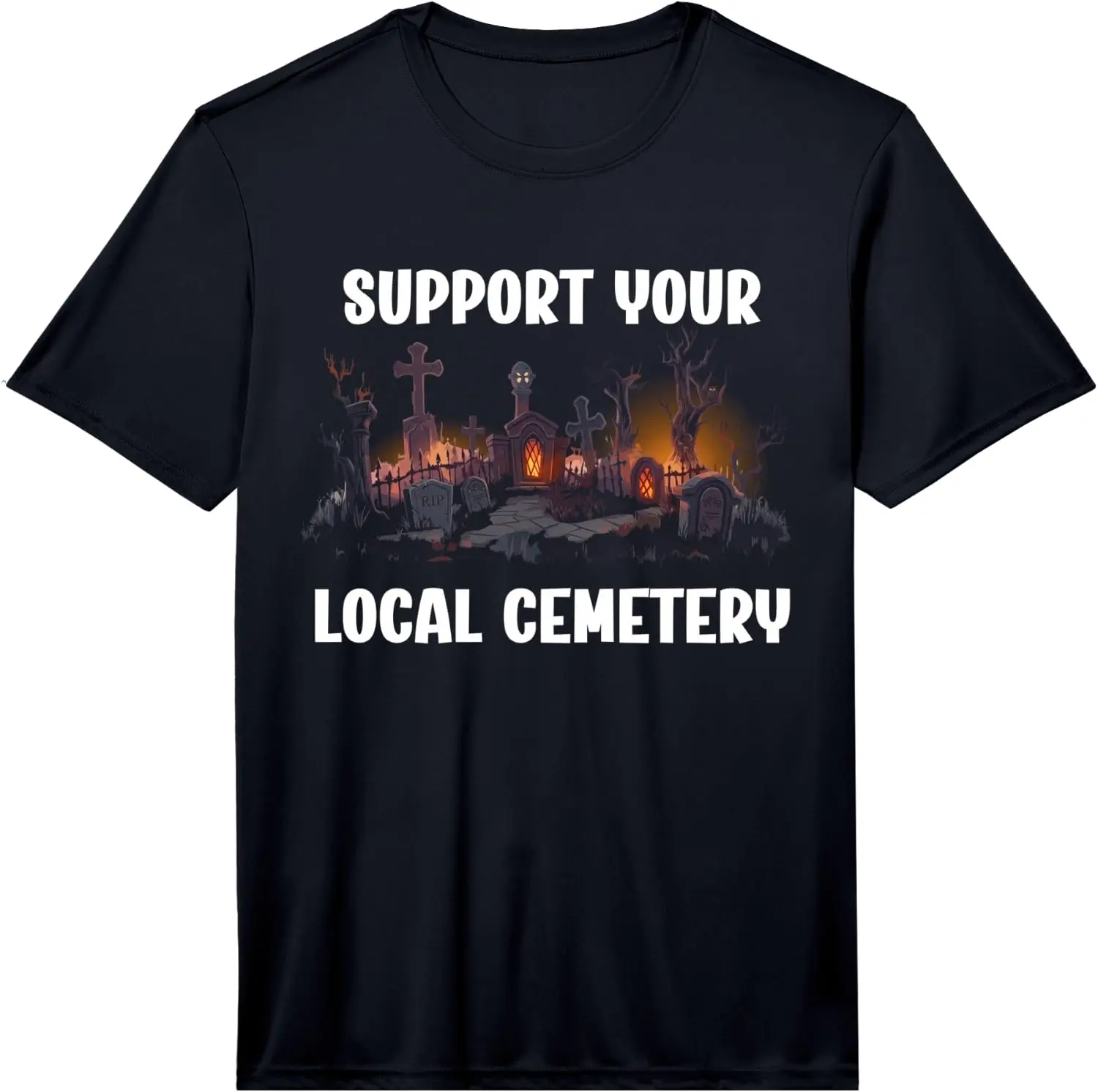 Men's Humor Support Your Local Cemetery Dark Joke Performance T-Shirt Men's Spooky Halloween Graphic Print T‑Shirt, Crew Neck Short Sleeve Casual Cotton Tee For Holiday Party Daily Street Wear.